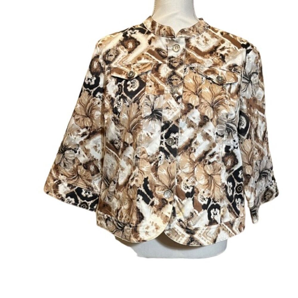 Tribal Studio Cape Style Blazer Jacket Black Brown White Floral‎ Artsy Size PL